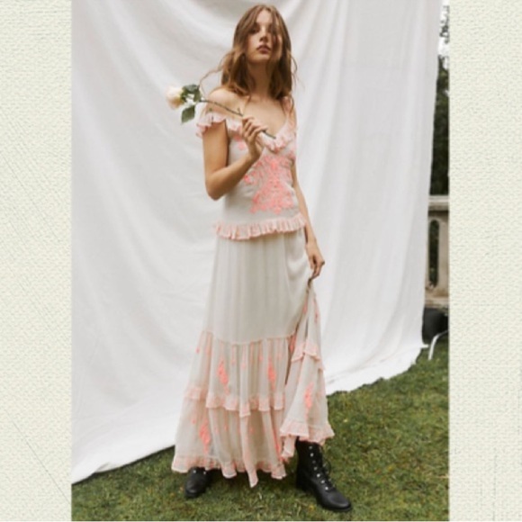 Free People Embroidered Maxi Dress Boho Ruffle Floral Size S - Picture 9 of 15